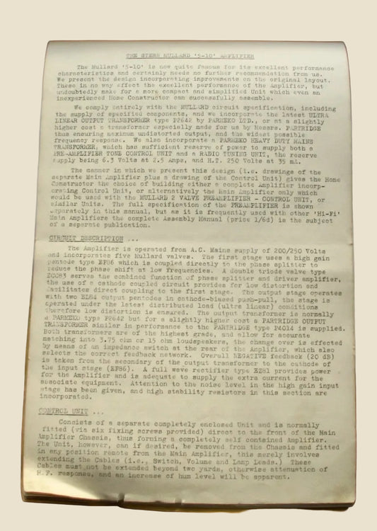 Stern's Mullard '5-10' Amplifier and Control Unit Assembly Data Pamphlet