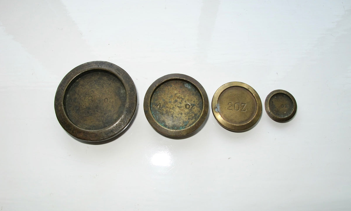 Vintage Brass Imperial Scale Weights. Set of Four: Half, Two, Four And Eight Ounce