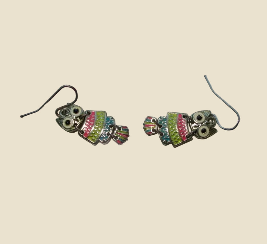 1970s Silver Metal And Multicoloured Enamel Owl Dangle Earrings