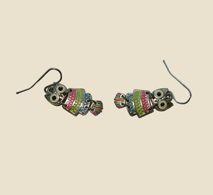 1970s Silver Metal And Multicoloured Enamel Owl Dangle Earrings