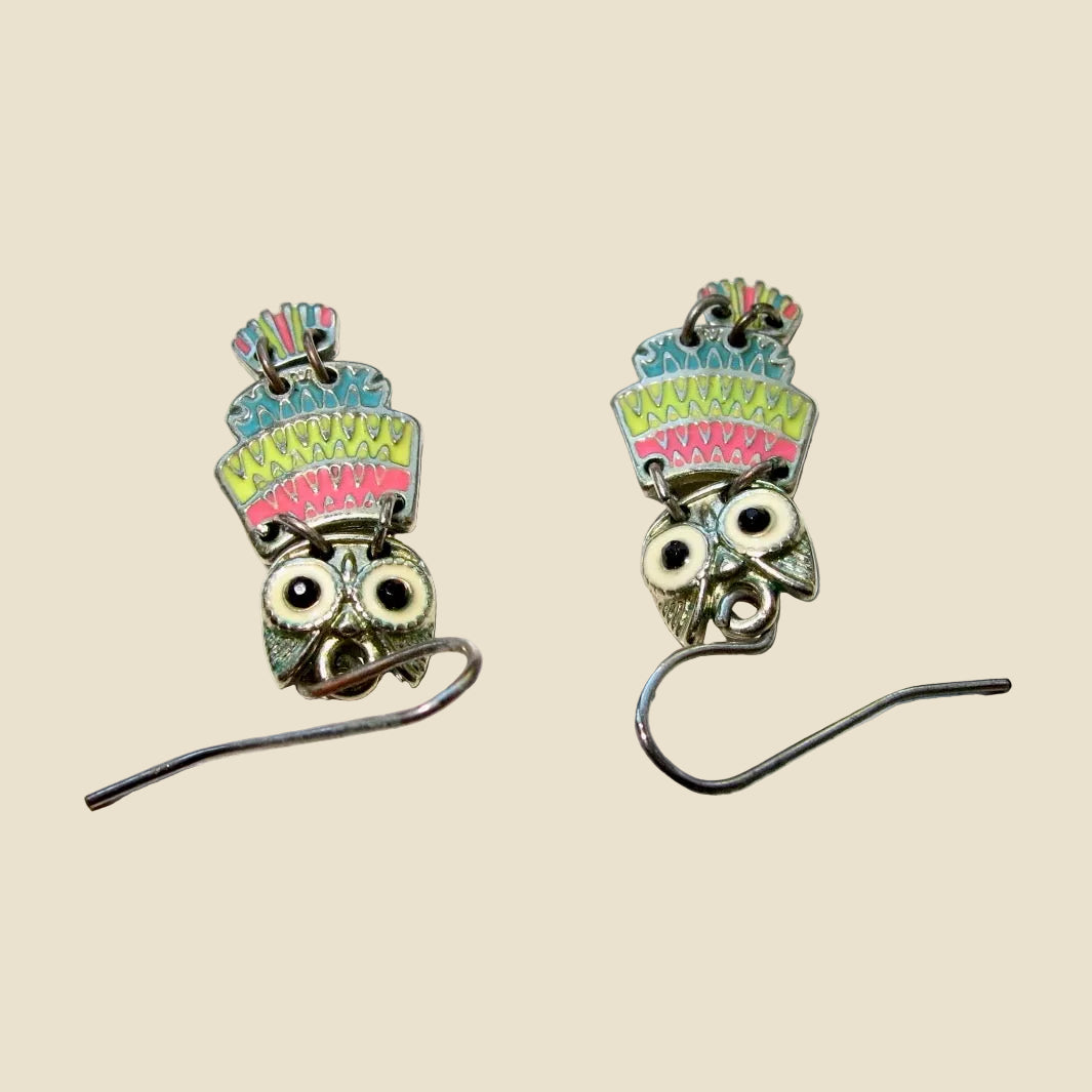 1970s Silver Metal And Multicoloured Enamel Owl Dangle Earrings