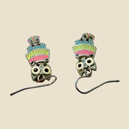 1970s Silver Metal And Multicoloured Enamel Owl Dangle Earrings