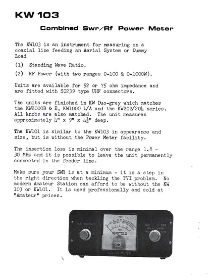 Decca KW Electronics KW103 SWR / PWR  Meter With 52 Ohm Impedance