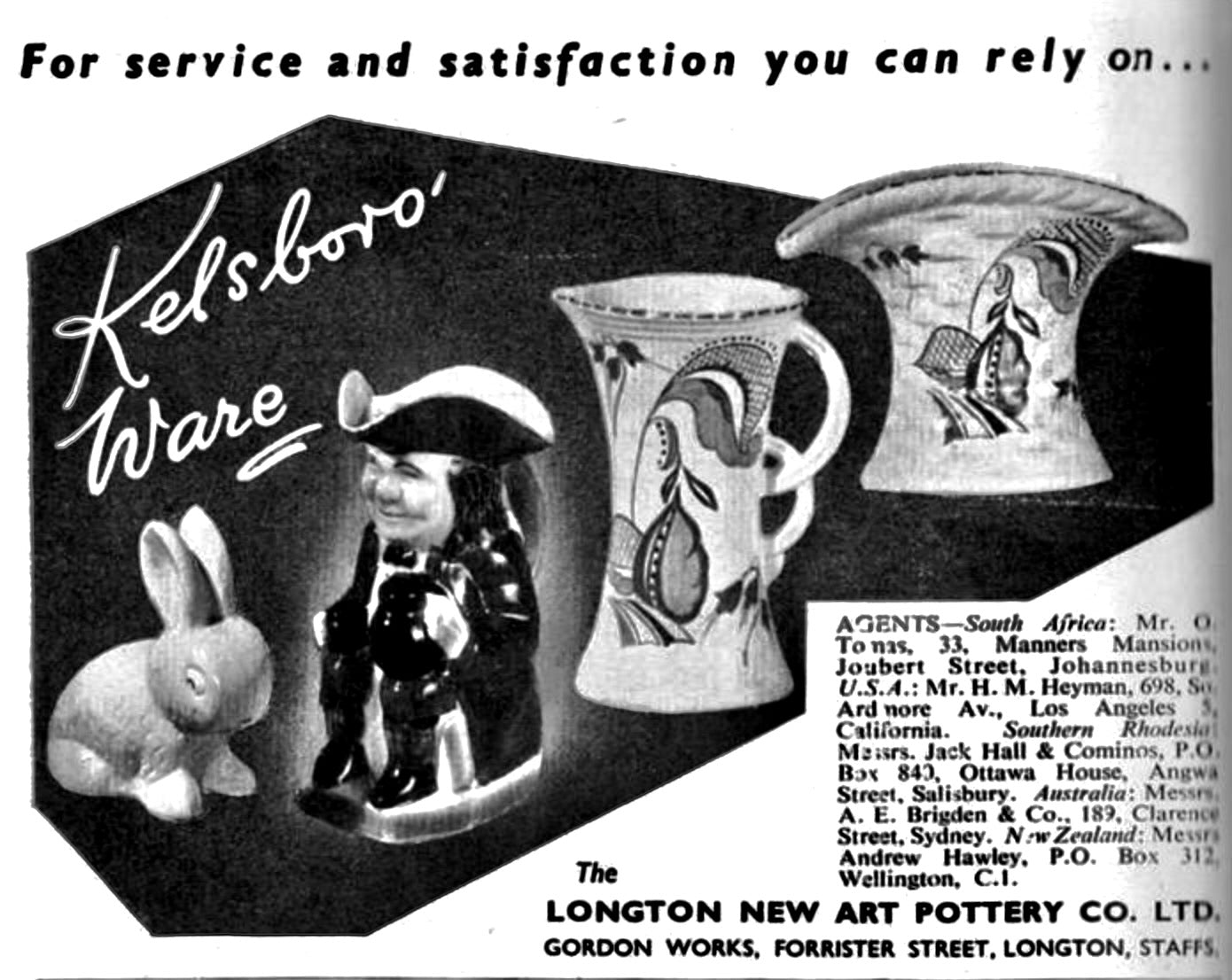 Vintage advertisement for Kelsboro Ware ceramic items, featuring illustrated and photographed examples including a rabbit-shaped vase, a floral pitcher, and a small decorative toby jug, with contact information for Longton New Art Pottery Co. Ltd.