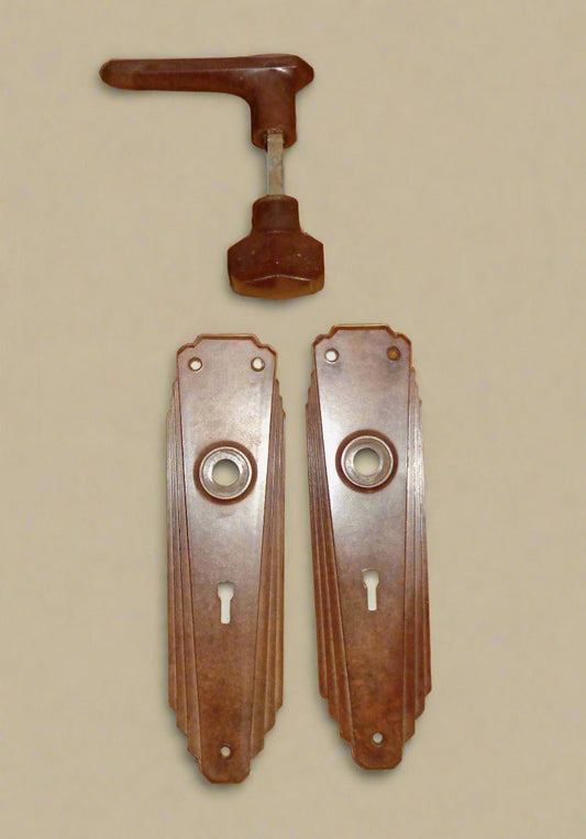 Original Art Deco Brown Bakelite Door Furniture Including Two Handles With Door Back Plates & Spindle