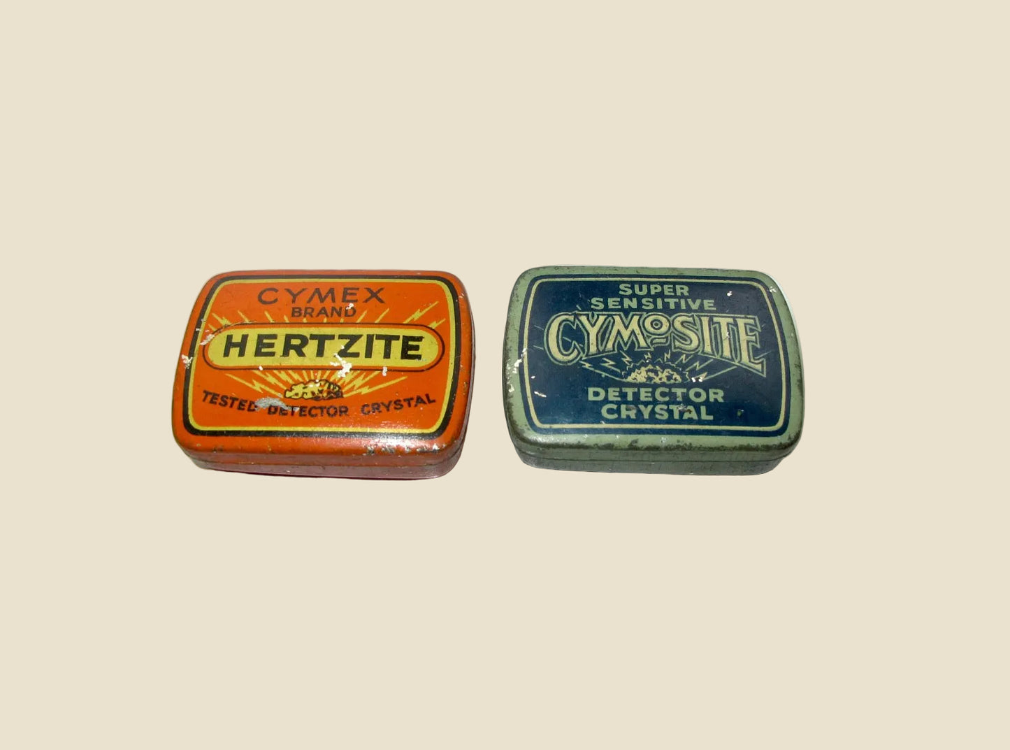 Pair of 1920s Herzite / Cymosite Radio Detector Crystal Tins With Crystals