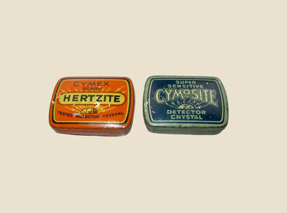 Pair of 1920s Herzite / Cymosite Radio Detector Crystal Tins With Crystals