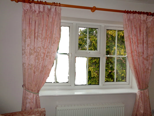 Preowned Sanderson Pink And Beige Pencil Pleat Jacquard Floral Curtains 90x72 Inch