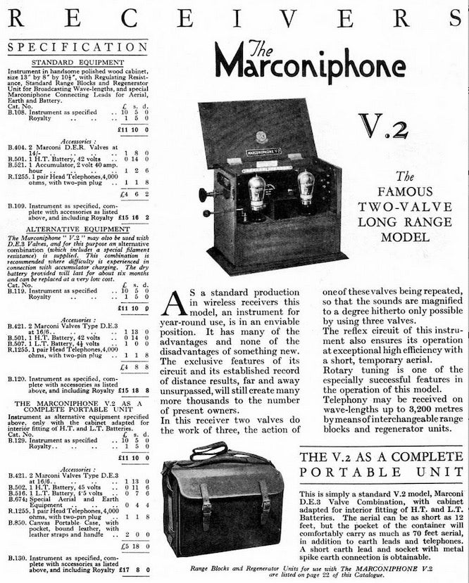 1920s Concerning the Marconiphone Instruction Book for Two Valve Model. The Marconi V2
