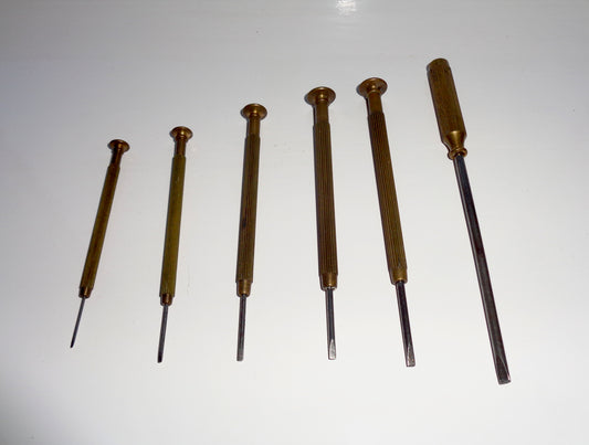 Set of Six Vintage Brass And Steel Precision Slotted Jewellers Screwdrivers