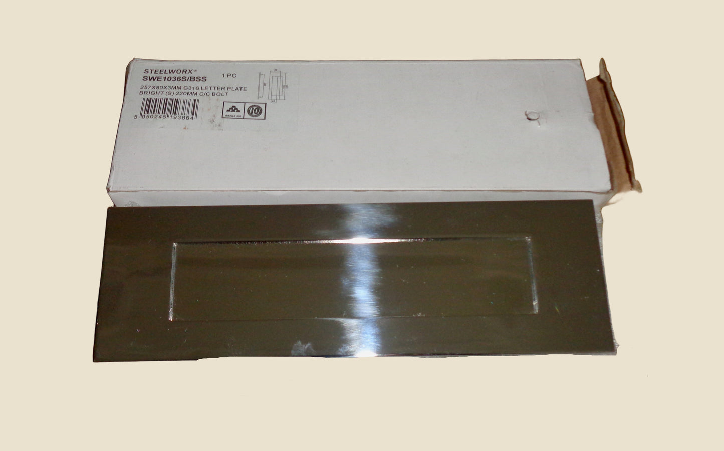 Steelworx Bright Stainless G316 Letter Plate SWE 1036S/BSS 257x80x3mm. 220mm C/C Bolt