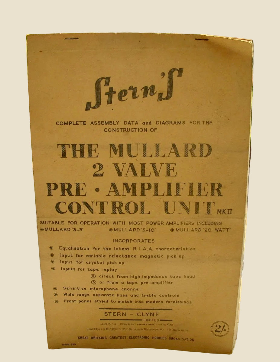 Stern's Mullard 2 Valve Pre-Amplifier Control Unit MkII Assembly Data