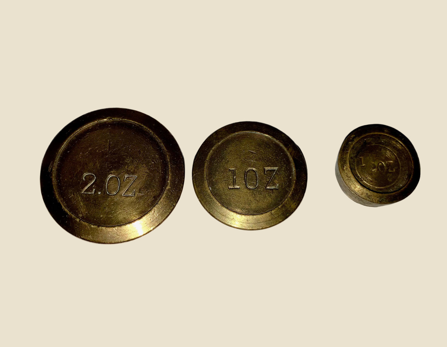 Vintage Brass Imperial Kitchen Scale Weights. Set of Three: Half, One and Two ounce