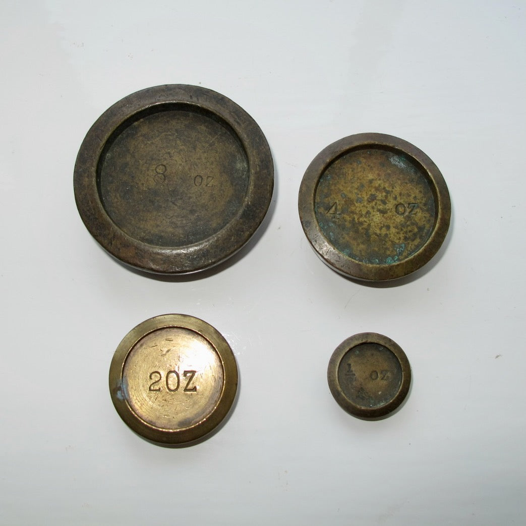 Vintage Brass Imperial Scale Weights. Set of Four: Half, Two, Four And Eight Ounce