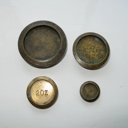 Vintage Brass Imperial Scale Weights. Set of Four: Half, Two, Four And Eight Ounce