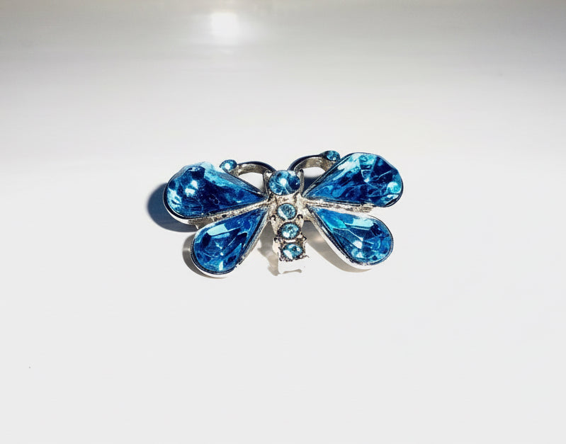 Vintage Butterfly Brooch In Silver Coloured Metal And Blue Glass Accents