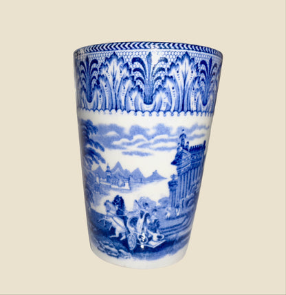 Vintage Cauldon Ware Triumphal Chariot Pottery Beaker With Blue And White Transfer Print
