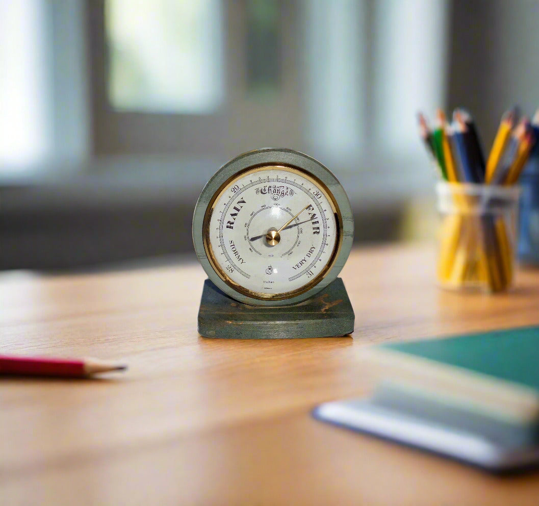 Vintage Desk Top Aneroid Barometer Set In SA Green Slate With A Brass ...