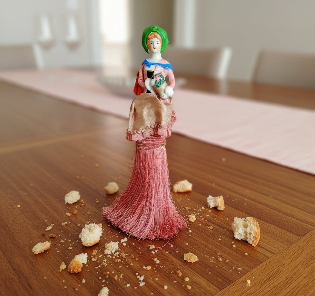 Vintage Half Doll Porcelain Pin Cushion Lady Table Crumb Brush