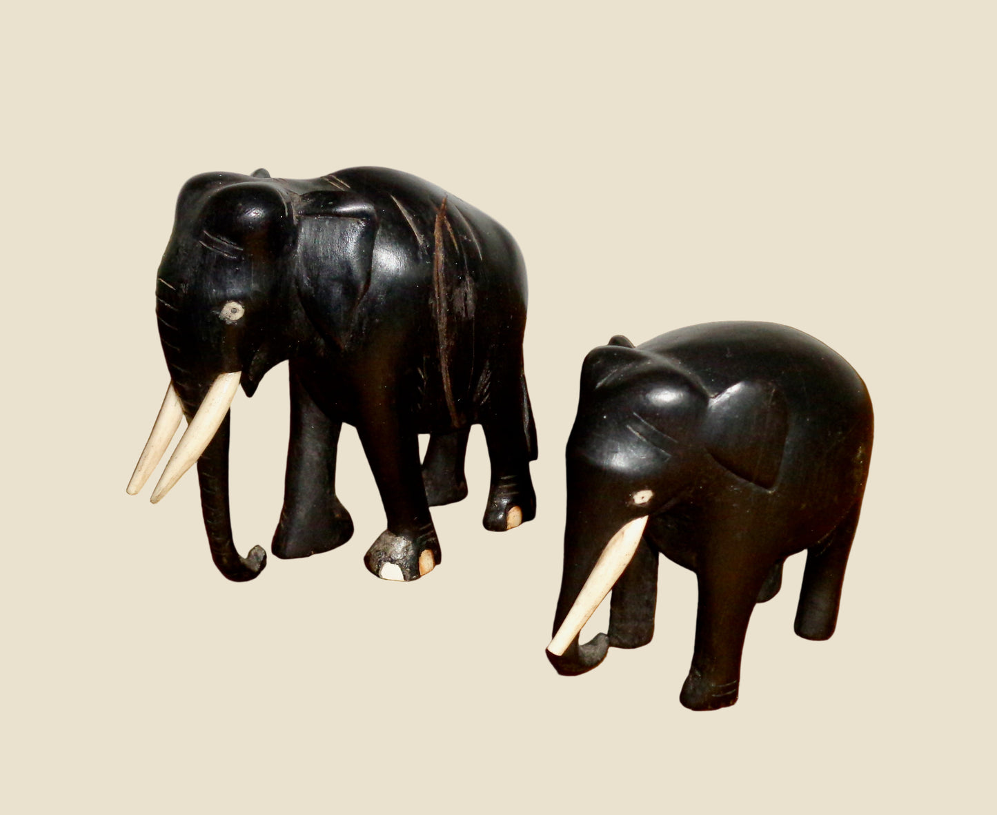 Vintage Hand Carved Hardwood Asian Elephant And Calf Figurines