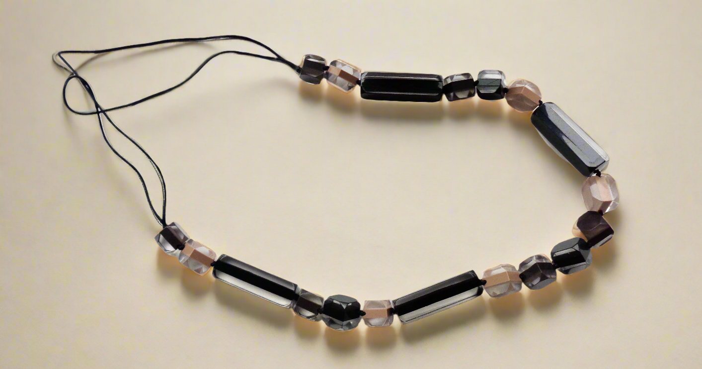 Op Art Lucite Hand knotted Geometric Shapes Necklace In Clear, Black & Brown Colours