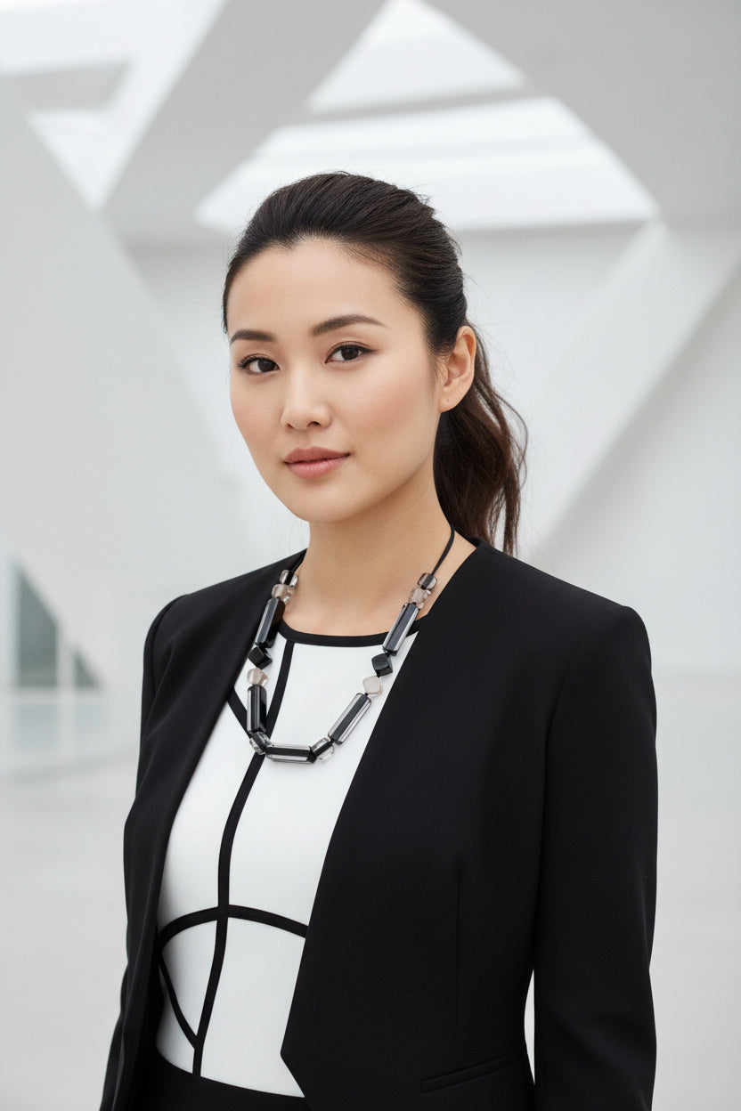 Vintage Lucite Necklace With Hand knotted Geometric Shapes In Clear, Black & Brown Colours