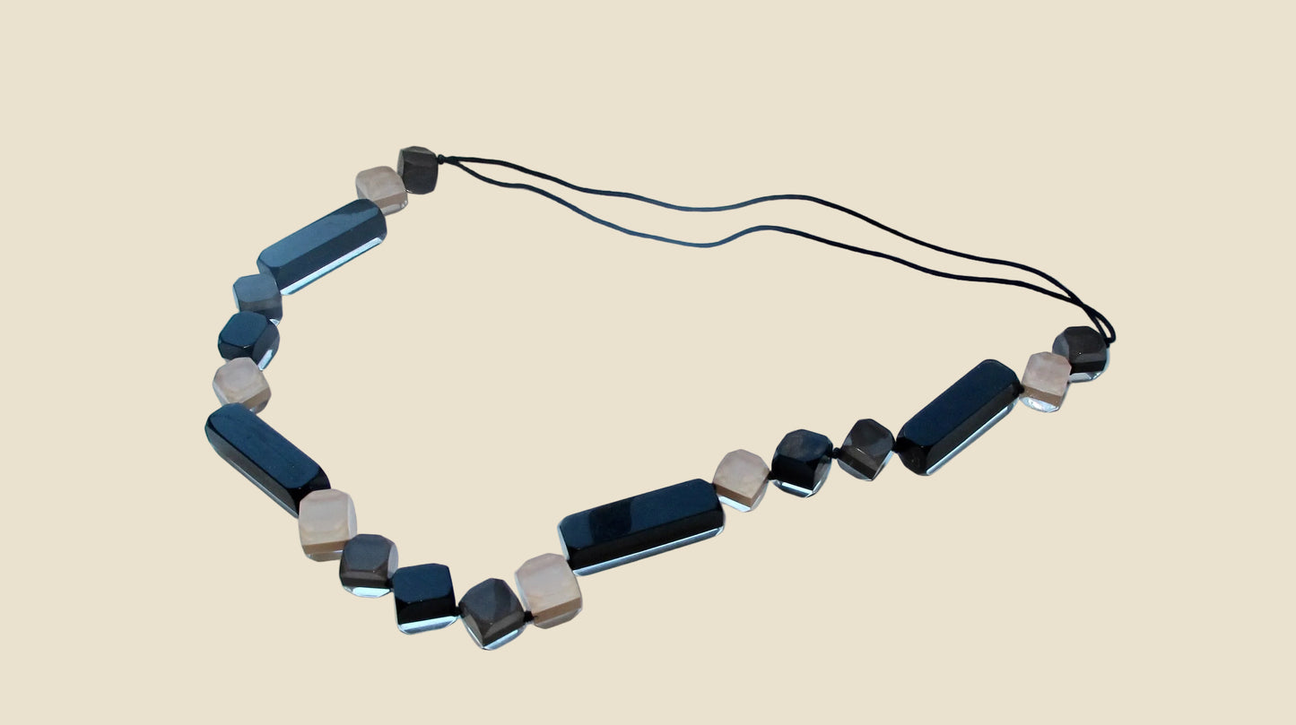 Vintage Lucite Necklace With Hand knotted Geometric Shapes In Clear, Black & Brown Colours