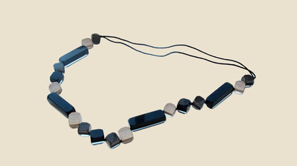Vintage Lucite Necklace With Hand knotted Geometric Shapes In Clear, Black & Brown Colours