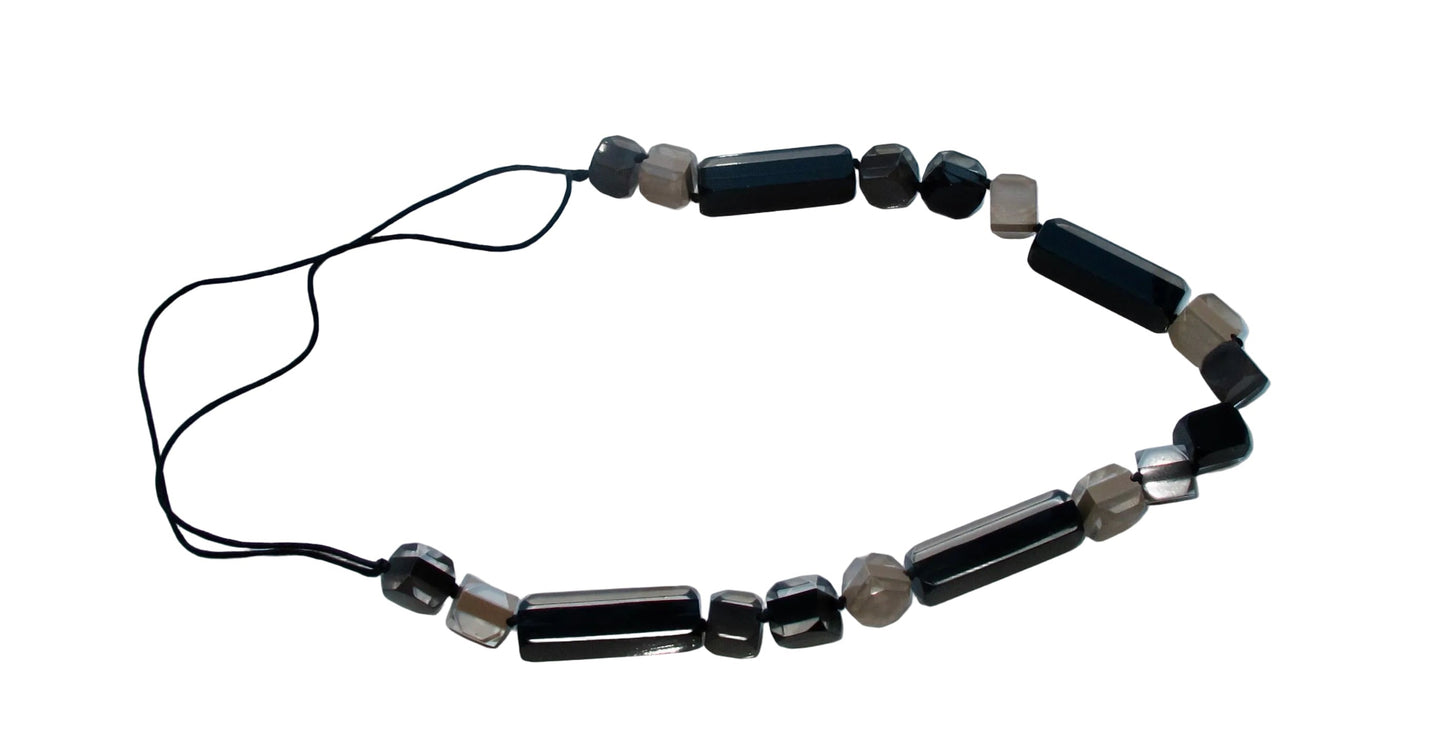 Vintage Lucite Necklace With Hand knotted Geometric Shapes In Clear, Black & Brown Colours