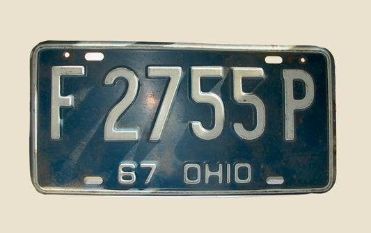 Vintage Metal  American Car Number Plate 67 Ohio F 2755P