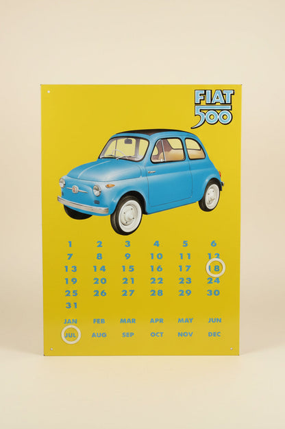 Vintage Metal Garage Fiat 500 Sign Featuring A Magnetic Date / Month Calendar