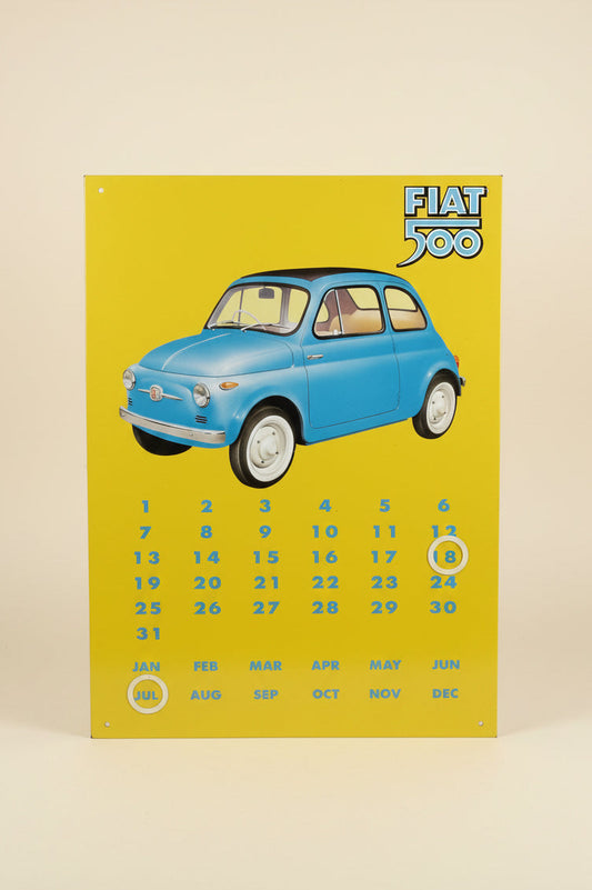 Vintage Metal Garage Fiat 500 Sign Featuring A Magnetic Date / Month Calendar