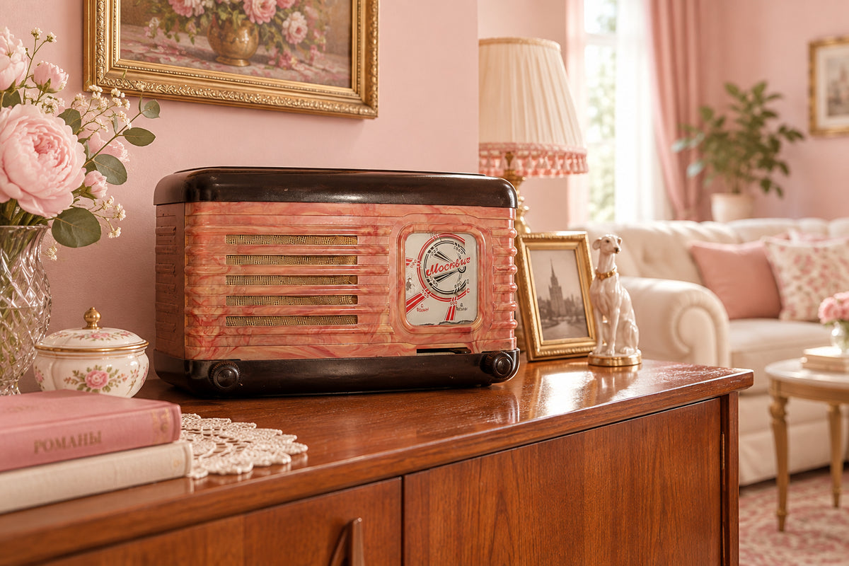 Vintage Soviet Union Moskvich Brown / Pink Bakelite Valve Radio