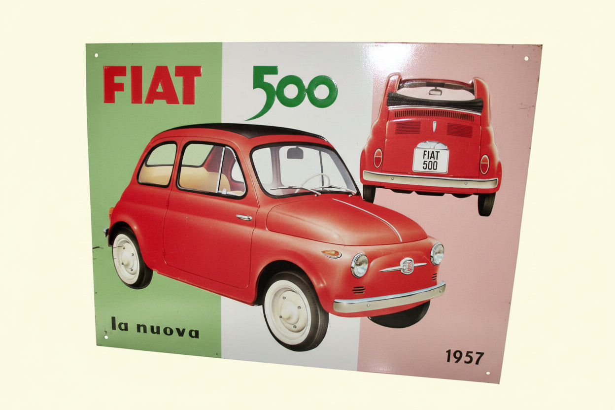 Vintage Steel Sign Of La Nuova 1957 Fiat 500 Commemorating Its Launch
