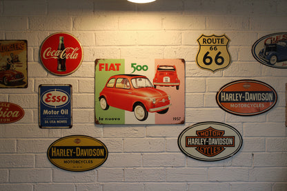 Vintage Steel Sign Of La Nuova 1957 Fiat 500 Commemorating Its Launch