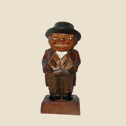 Vintage Swiss Hand Carved Wood Figure Of A Man With A Hat. Lugano Folk Art Souvenir