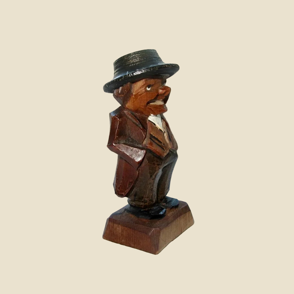 Vintage Swiss Hand Carved Wood Figure Of A Man With A Hat. Lugano Folk Art Souvenir