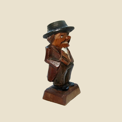 Vintage Swiss Hand Carved Wood Figure Of A Man With A Hat. Lugano Folk Art Souvenir