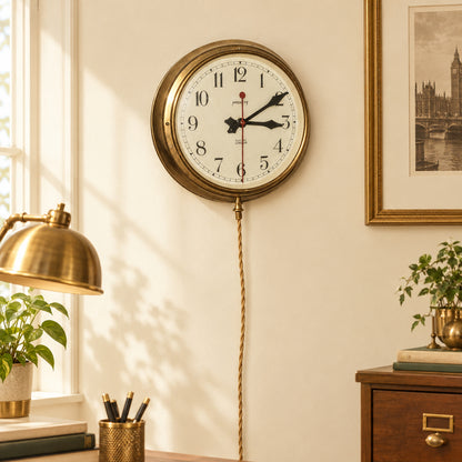 A vintage-style round wall clock with a brass-toned metal frame, white face, black numerals and hands, and a hanging cord, photographed against a plain light wall and dark surface.