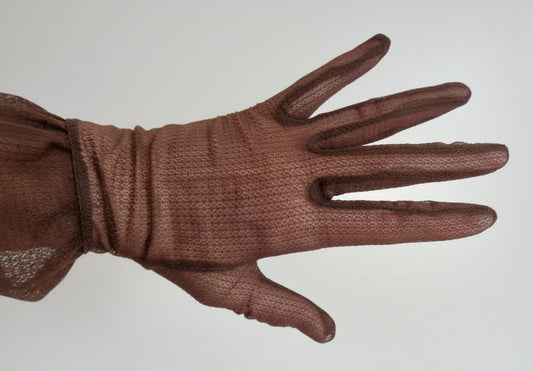 1950s Ladies Gloves Medium Size Wrist Length In Brown Synthetic Lace
