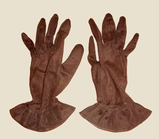 1950s Ladies Gloves Medium Size Wrist Length In Brown Synthetic Lace