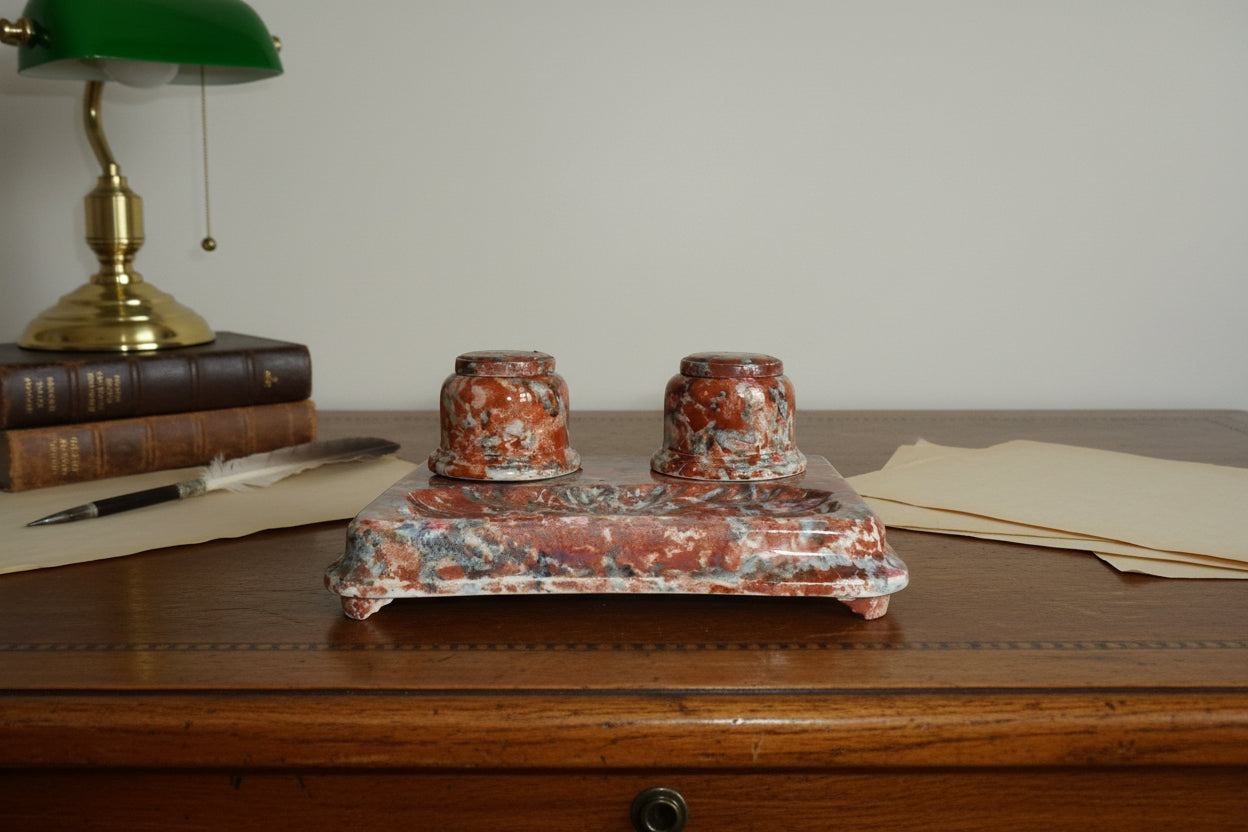 Art Deco Ink Desk Set Marble Effect Hand Painted Earthenware
