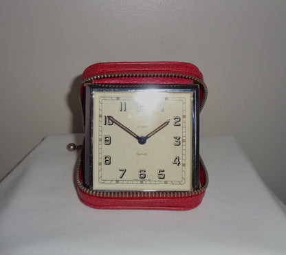 Vintage Smiths Travel Alarm Clock In A Zippered Red Leather Case