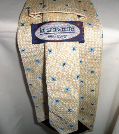 Vintage La Cravatta Silk Tie Yellow With Blue Square Motifs