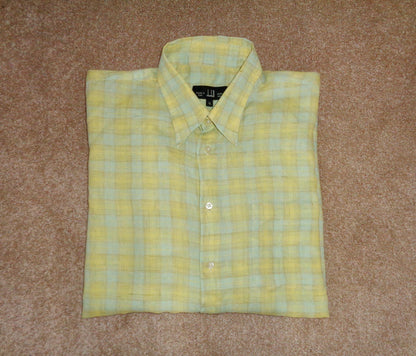 Vintage Dunhill Yellow & Blue Check Long Sleeve 100% Linen X-Large Shirt 