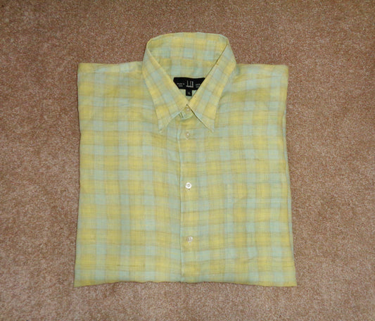 Vintage Dunhill Yellow & Blue Check Long Sleeve 100% Linen X-Large Shirt 