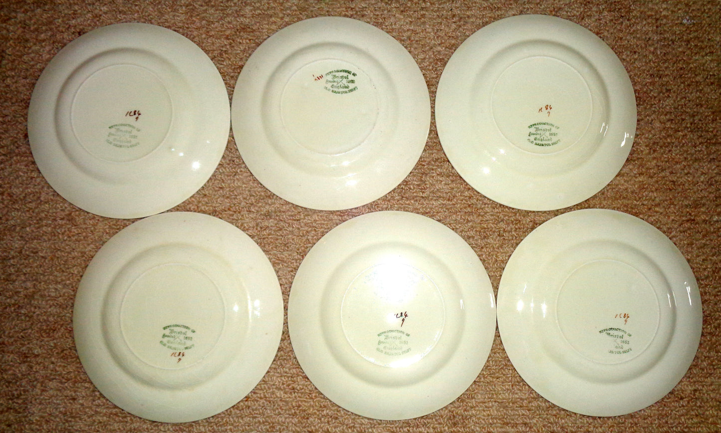 Set Of Six 6.5 Inch Side Plates 1950s Old Bristol Delft Pattern 1684