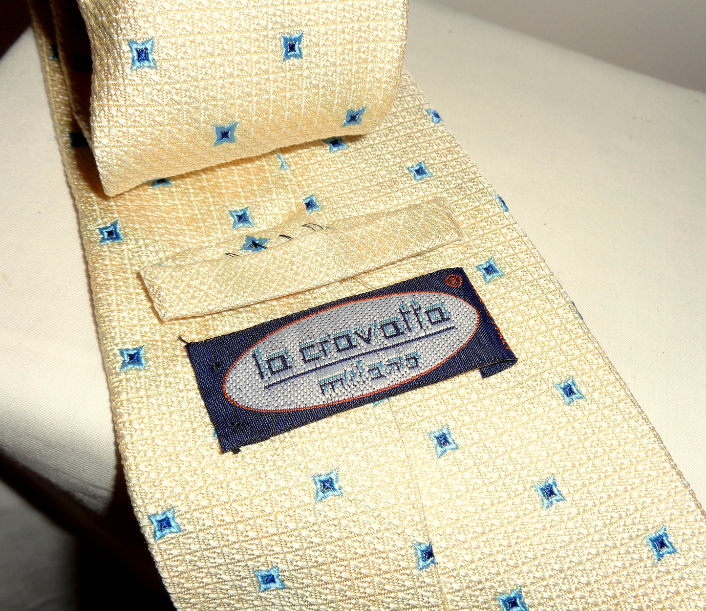 Vintage La Cravatta Silk Tie Yellow With Blue Square Motifs
