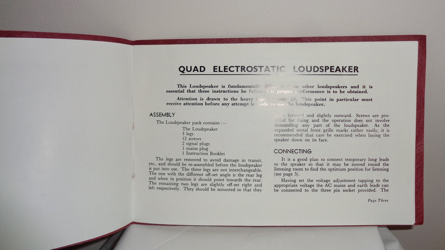 Original The Quad Electrostatic Loudspeaker ESL57 Instruction Book