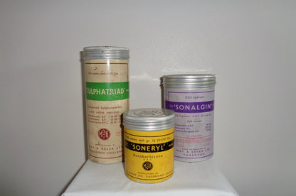 Set Of Three 1950s May & Baker Empty Pharmacist/Druggist Tins. Sonalgin. Soneryl. Sulphatriad.